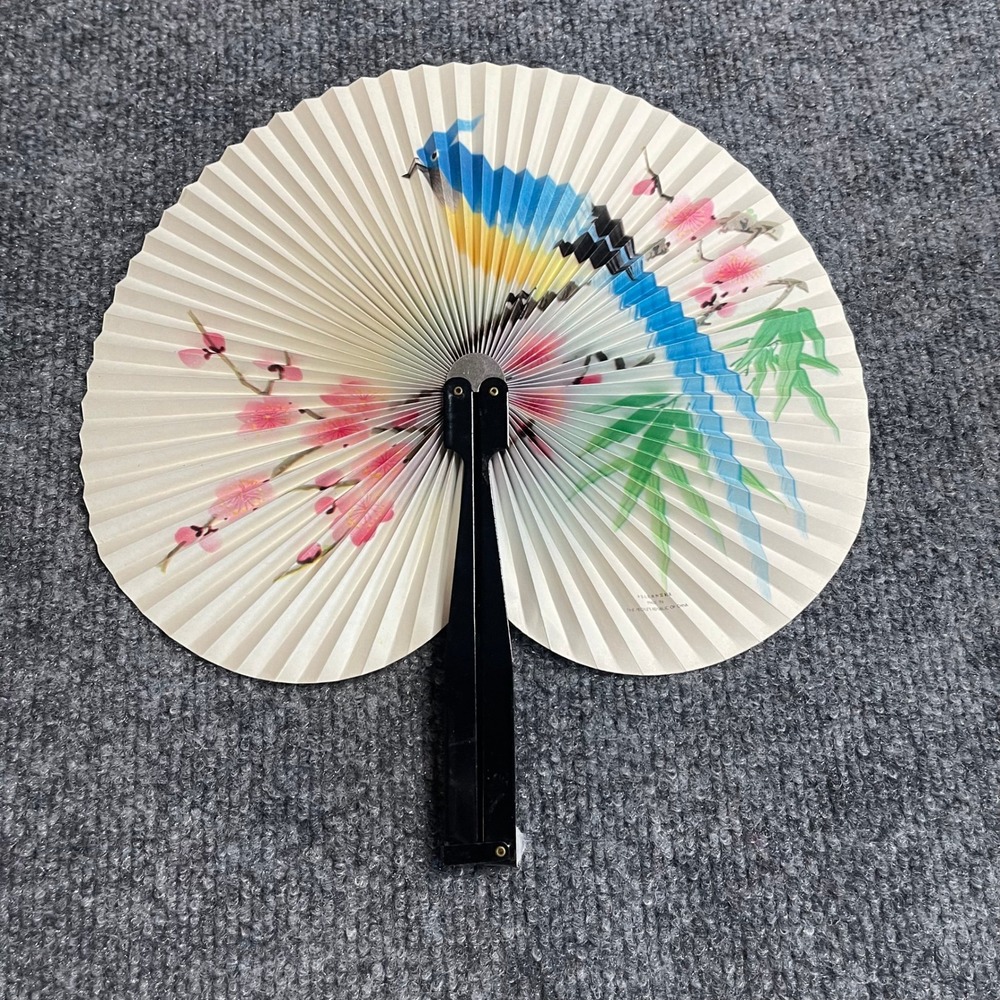 Vintage Disneyland Souvenir Folding Fan Bird Cherry Blossom Bamboo Black Handle